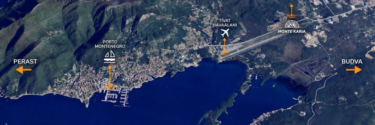Monte Karia'nın Kotor, Tivat Havalimanı, Porto Montenegro, Perast ve Budva'ya göre konumunu gösteren harita
