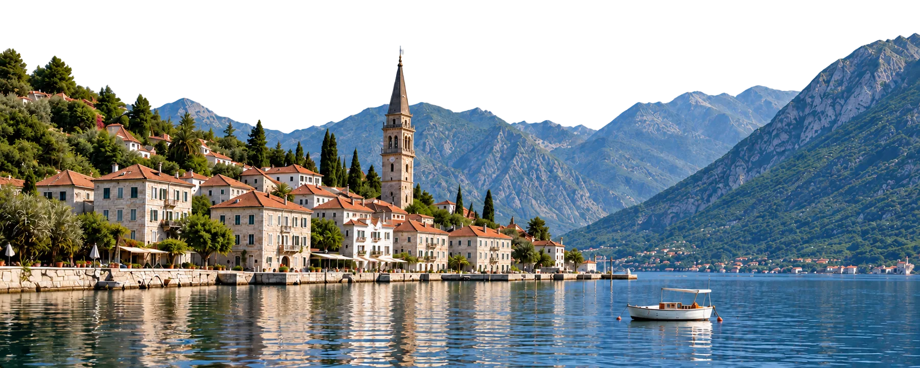 Perast am Ufer der Bucht von Kotor: Steinhäuser, Glockenturm und Berge